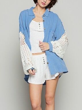 POL Boho Crochet Sleeve Oversized Shacket Light Blue Double Gauze Button Down S